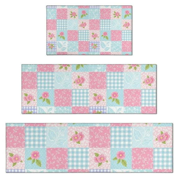 Pioneer Flower Floral Print Pattern Kitchen Rugs Sets Of 3,Kitchen Runner Rugs Non Skid Washable,Decorative Kitchen Floor Mats for Kitchen,Sink,Laundry,17X30 Inch + 17X47 Inch + 17X59 Inch