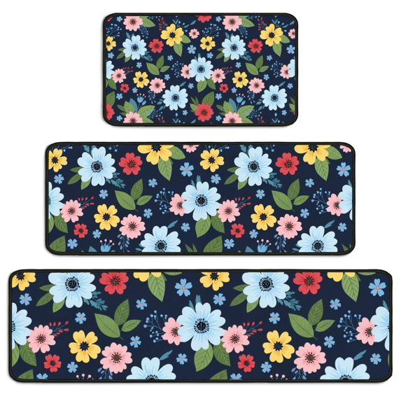 Pioneer Flower Floral Print Pattern Kitchen Rugs Sets Of 3,Kitchen Runner Rugs Non Skid Washable,Decorative Kitchen Floor Mats for Kitchen,Sink,Laundry,17X30 Inch + 17X47 Inch + 17X59 Inch
