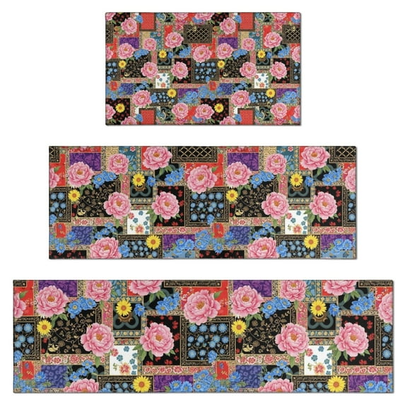 Pioneer Flower Floral Print Pattern Kitchen Rugs Sets Of 3,Kitchen Runner Rugs Non Skid Washable,Decorative Kitchen Floor Mats for Kitchen,Sink,Laundry,17X30 Inch + 17X47 Inch + 17X59 Inch