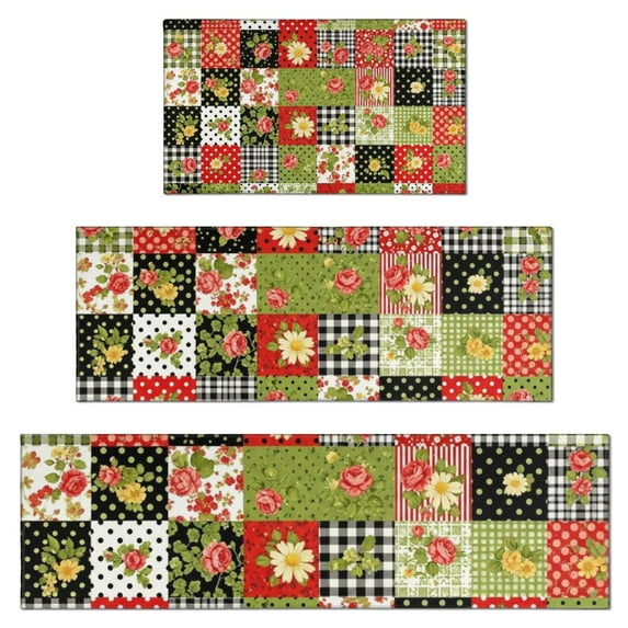 Pioneer Flower Floral Print Pattern Kitchen Rugs Sets Of 3,Kitchen Runner Rugs Non Skid Washable,Decorative Kitchen Floor Mats for Kitchen,Sink,Laundry,17X30 Inch + 17X47 Inch + 17X59 Inch