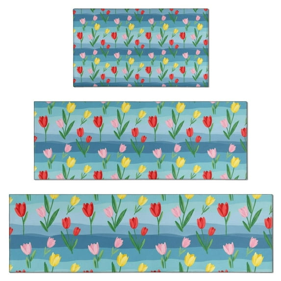 Pioneer Flower Floral Print Pattern Kitchen Rugs Sets Of 3,Kitchen Runner Rugs Non Skid Washable,Decorative Kitchen Floor Mats for Kitchen,Sink,Laundry,17X30 Inch + 17X47 Inch + 17X59 Inch