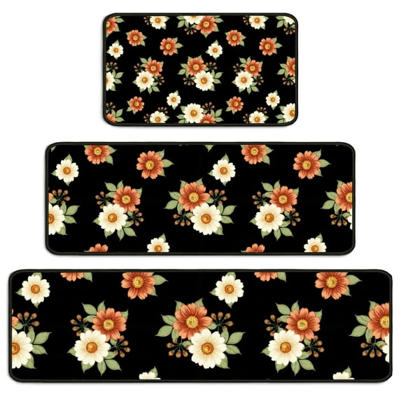 Pioneer Flower Floral Print Pattern Kitchen Rugs Sets Of 3,Kitchen Runner Rugs Non Skid Washable,Decorative Kitchen Floor Mats for Kitchen,Sink,Laundry,17X30 Inch + 17X47 Inch + 17X59 Inch