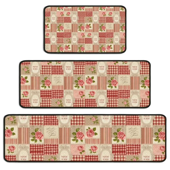 Pioneer Flower Floral Print Pattern Kitchen Rugs Sets Of 3,Kitchen Runner Rugs Non Skid Washable,Decorative Kitchen Floor Mats for Kitchen,Sink,Laundry,17X30 Inch + 17X47 Inch + 17X59 Inch