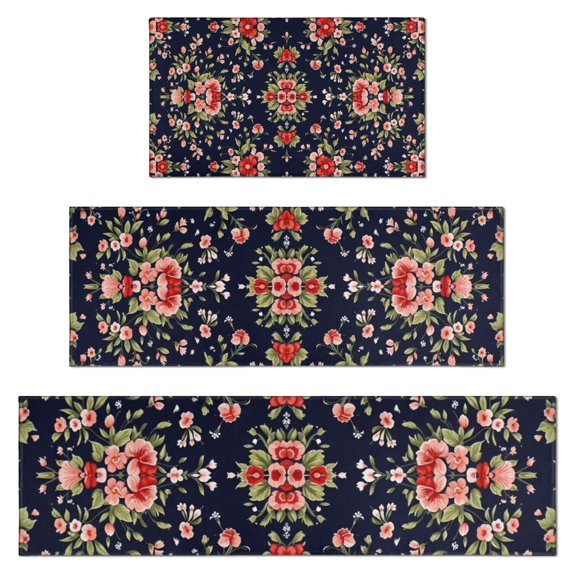 Pioneer Flower Floral Print Pattern Kitchen Rugs Sets Of 3,Kitchen Runner Rugs Non Skid Washable,Decorative Kitchen Floor Mats for Kitchen,Sink,Laundry,17X30 Inch + 17X47 Inch + 17X59 Inch