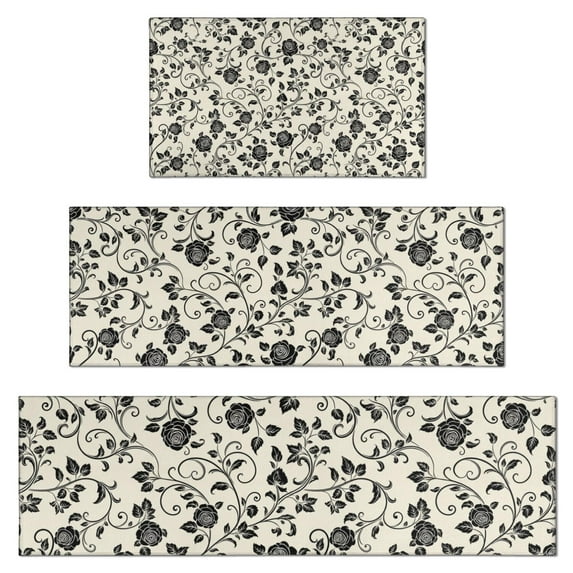 Pioneer Flower Floral Print Pattern Kitchen Rugs Sets Of 3,Kitchen Runner Rugs Non Skid Washable,Decorative Kitchen Floor Mats for Kitchen,Sink,Laundry,17X30 Inch + 17X47 Inch + 17X59 Inch
