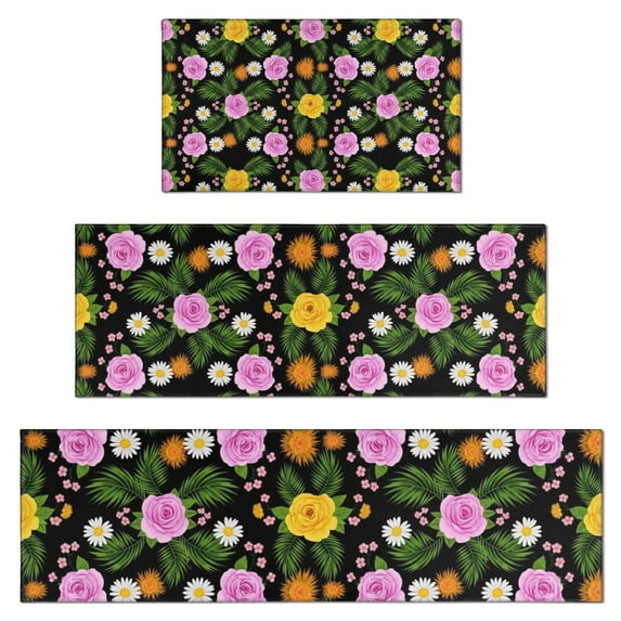 Pioneer Flower Floral Print Pattern Kitchen Rugs Sets Of 3,Kitchen Runner Rugs Non Skid Washable,Decorative Kitchen Floor Mats for Kitchen,Sink,Laundry,17X30 Inch + 17X47 Inch + 17X59 Inch