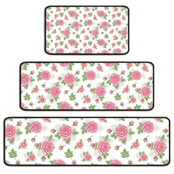 Pioneer Flower Floral Print Pattern Kitchen Rugs Sets Of 3,Kitchen Runner Rugs Non Skid Washable,Decorative Kitchen Floor Mats for Kitchen,Sink,Laundry,17X30 Inch + 17X47 Inch + 17X59 Inch