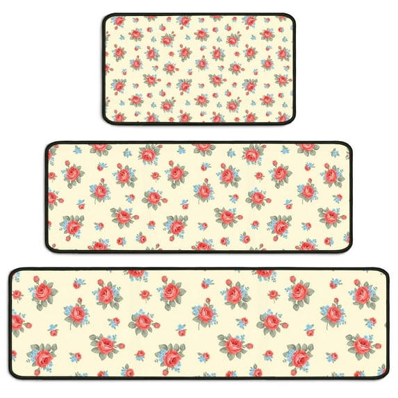 Pioneer Flower Floral Print Pattern Kitchen Rugs Sets Of 3,Kitchen Runner Rugs Non Skid Washable,Decorative Kitchen Floor Mats for Kitchen,Sink,Laundry,17X30 Inch + 17X47 Inch + 17X59 Inch
