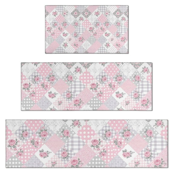 Pioneer Flower Floral Print Pattern Kitchen Rugs Sets Of 3,Kitchen Runner Rugs Non Skid Washable,Decorative Kitchen Floor Mats for Kitchen,Sink,Laundry,17X30 Inch + 17X47 Inch + 17X59 Inch