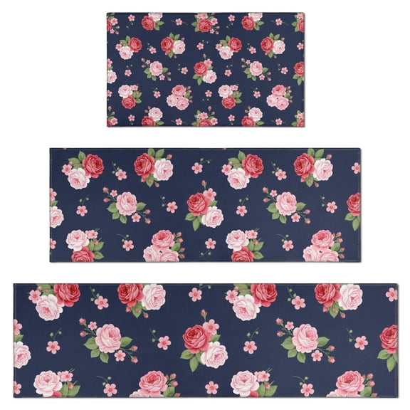 Pioneer Flower Floral Print Pattern Kitchen Rugs Sets Of 3,Kitchen Runner Rugs Non Skid Washable,Decorative Kitchen Floor Mats for Kitchen,Sink,Laundry,17X30 Inch + 17X47 Inch + 17X59 Inch
