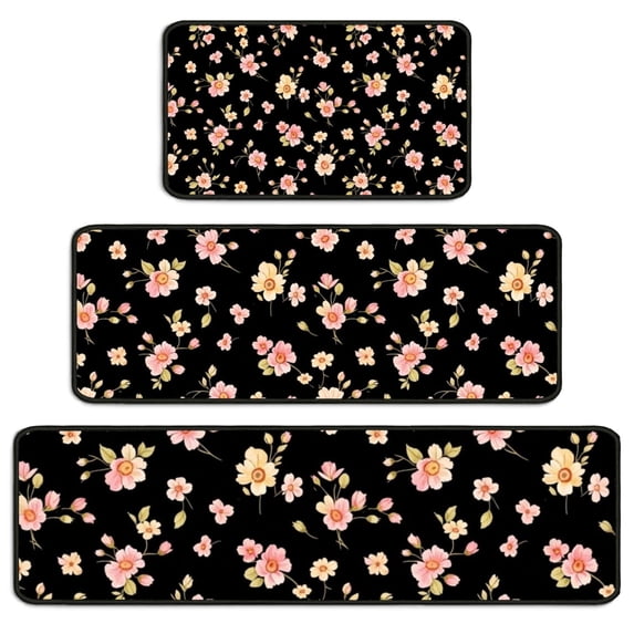 Pioneer Flower Floral Print Pattern Kitchen Rugs Sets Of 3,Kitchen Runner Rugs Non Skid Washable,Decorative Kitchen Floor Mats for Kitchen,Sink,Laundry,17X30 Inch + 17X47 Inch + 17X59 Inch