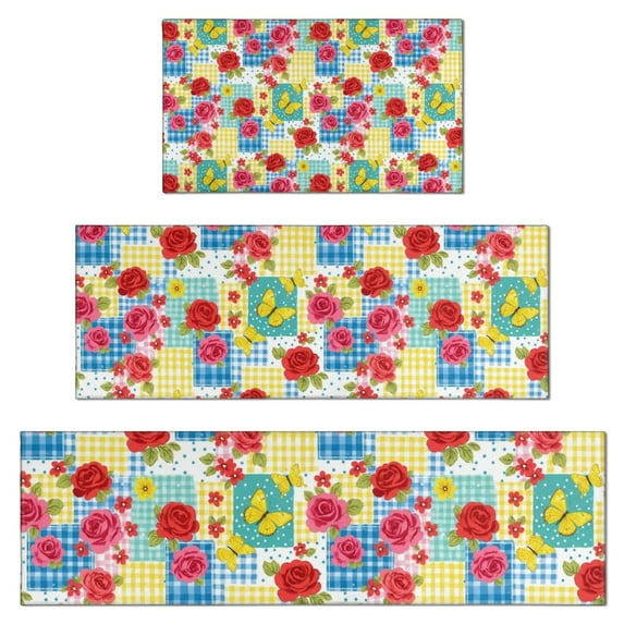 Pioneer Flower Floral Print Pattern Kitchen Rugs Sets Of 3,Kitchen Runner Rugs Non Skid Washable,Decorative Kitchen Floor Mats for Kitchen,Sink,Laundry,17X30 Inch + 17X47 Inch + 17X59 Inch