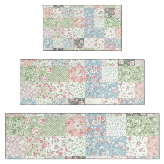 Pioneer Flower Floral Print Pattern Kitchen Rugs Sets Of 3,Kitchen Runner Rugs Non Skid Washable,Decorative Kitchen Floor Mats for Kitchen,Sink,Laundry,17X30 Inch + 17X47 Inch + 17X59 Inch