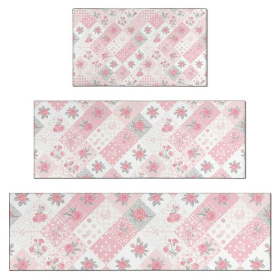 Pioneer Flower Floral Print Pattern Kitchen Rugs Sets Of 3,Kitchen Runner Rugs Non Skid Washable,Decorative Kitchen Floor Mats for Kitchen,Sink,Laundry,17X30 Inch + 17X47 Inch + 17X59 Inch