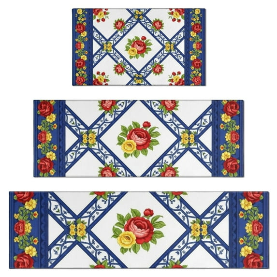 Pioneer Flower Floral Print Pattern Kitchen Rugs Sets Of 3,Kitchen Runner Rugs Non Skid Washable,Decorative Kitchen Floor Mats for Kitchen,Sink,Laundry,17X30 Inch + 17X47 Inch + 17X59 Inch