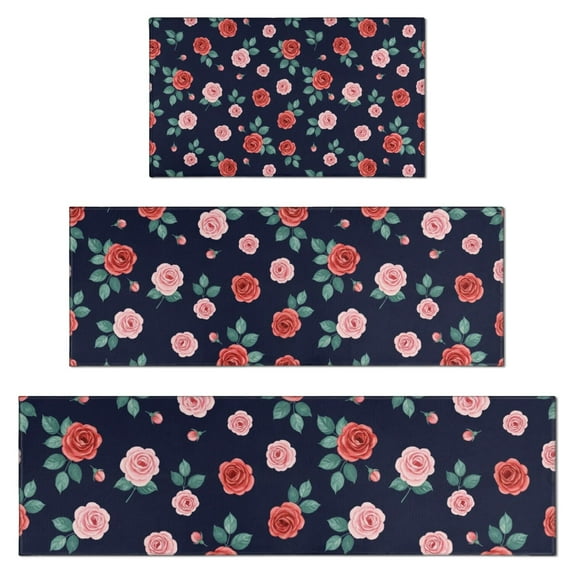 Pioneer Flower Floral Print Pattern Kitchen Rugs Sets Of 3,Kitchen Runner Rugs Non Skid Washable,Decorative Kitchen Floor Mats for Kitchen,Sink,Laundry,17X30 Inch + 17X47 Inch + 17X59 Inch