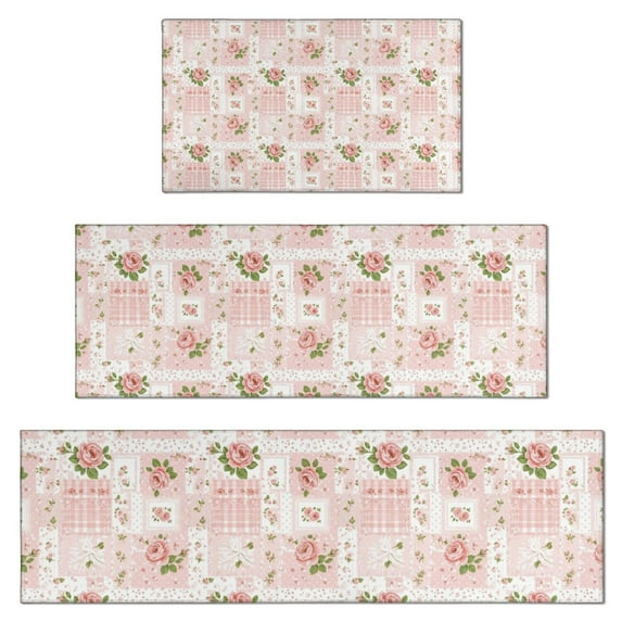 Pioneer Flower Floral Print Pattern Kitchen Rugs Sets Of 3,Kitchen Runner Rugs Non Skid Washable,Decorative Kitchen Floor Mats for Kitchen,Sink,Laundry,17X30 Inch + 17X47 Inch + 17X59 Inch