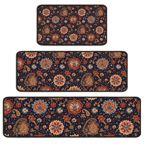 Pioneer Flower Floral Print Pattern Kitchen Rugs Sets Of 3,Kitchen Runner Rugs Non Skid Washable,Decorative Kitchen Floor Mats for Kitchen,Sink,Laundry,17X30 Inch + 17X47 Inch + 17X59 Inch