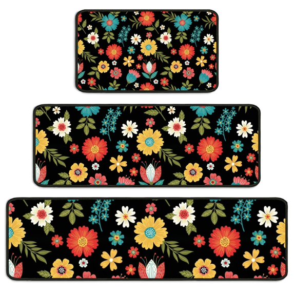 Pioneer Flower Floral Print Pattern Kitchen Rugs Sets Of 3,Kitchen Runner Rugs Non Skid Washable,Decorative Kitchen Floor Mats for Kitchen,Sink,Laundry,17X30 Inch + 17X47 Inch + 17X59 Inch
