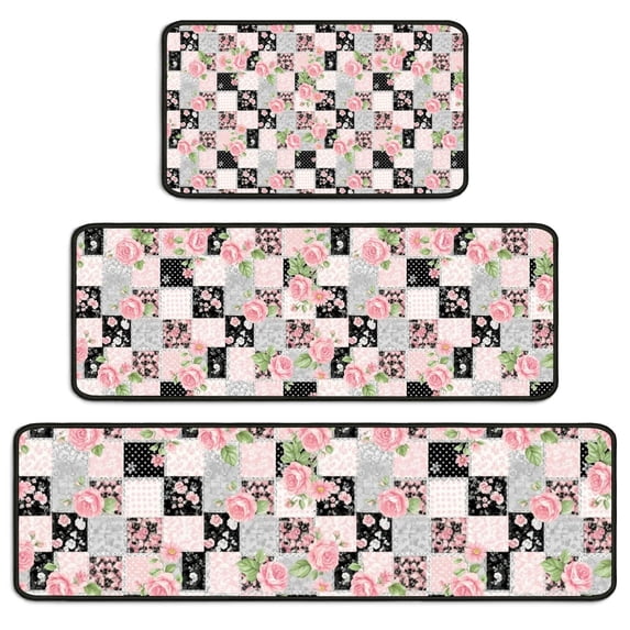 Pioneer Flower Floral Print Pattern Kitchen Rugs Sets Of 3,Kitchen Runner Rugs Non Skid Washable,Decorative Kitchen Floor Mats for Kitchen,Sink,Laundry,17X30 Inch + 17X47 Inch + 17X59 Inch