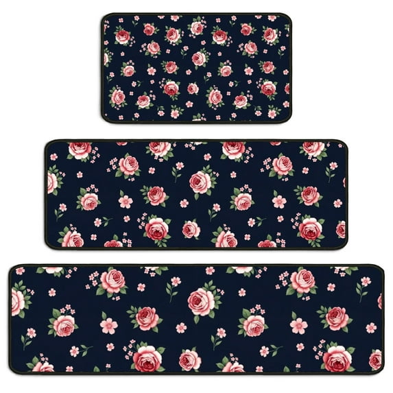 Pioneer Flower Floral Print Pattern Kitchen Rugs Sets Of 3,Kitchen Runner Rugs Non Skid Washable,Decorative Kitchen Floor Mats for Kitchen,Sink,Laundry,17X30 Inch + 17X47 Inch + 17X59 Inch
