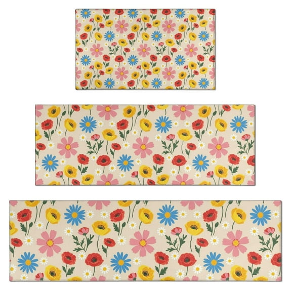 Pioneer Flower Floral Print Pattern Kitchen Rugs Sets Of 3,Kitchen Runner Rugs Non Skid Washable,Decorative Kitchen Floor Mats for Kitchen,Sink,Laundry,17X30 Inch + 17X47 Inch + 17X59 Inch