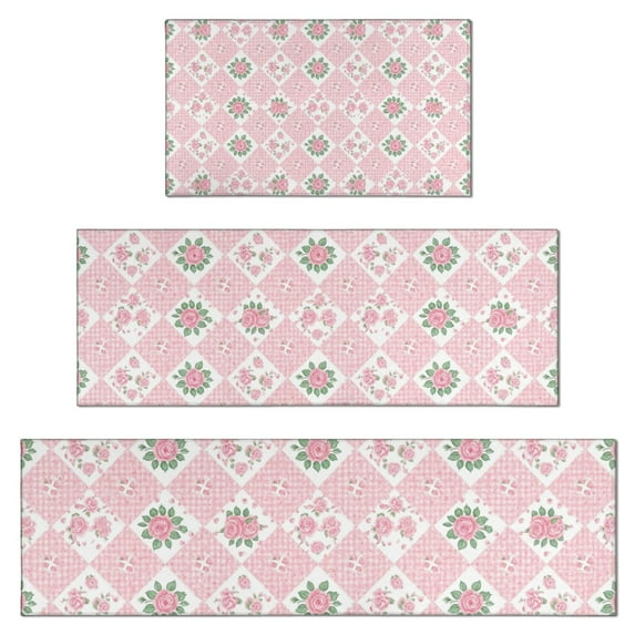 Pioneer Flower Floral Print Pattern Kitchen Rugs Sets Of 3,Kitchen Runner Rugs Non Skid Washable,Decorative Kitchen Floor Mats for Kitchen,Sink,Laundry,17X30 Inch + 17X47 Inch + 17X59 Inch