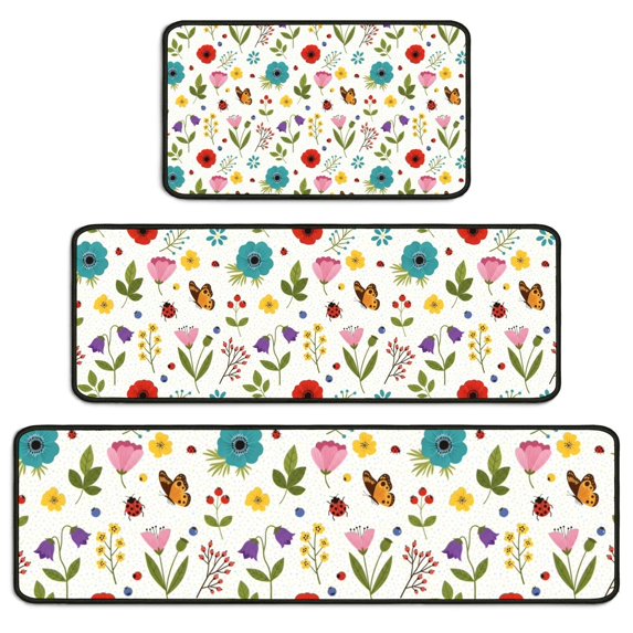 Pioneer Flower Floral Print Pattern Kitchen Rugs Sets Of 3,Kitchen Runner Rugs Non Skid Washable,Decorative Kitchen Floor Mats for Kitchen,Sink,Laundry,17X30 Inch + 17X47 Inch + 17X59 Inch