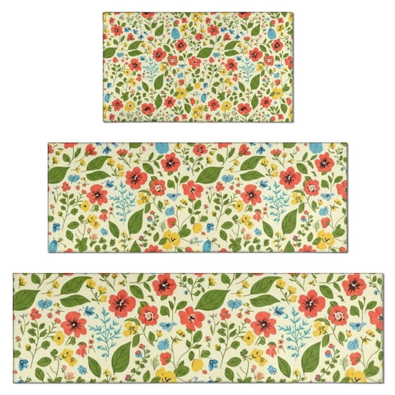 Pioneer Flower Floral Print Pattern Kitchen Rugs Sets Of 3,Kitchen Runner Rugs Non Skid Washable,Decorative Kitchen Floor Mats for Kitchen,Sink,Laundry,17X30 Inch + 17X47 Inch + 17X59 Inch