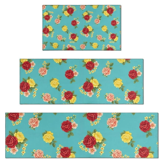 Pioneer Flower Floral Print Pattern Kitchen Rugs Sets Of 3,Kitchen Runner Rugs Non Skid Washable,Decorative Kitchen Floor Mats for Kitchen,Sink,Laundry,17X30 Inch + 17X47 Inch + 17X59 Inch