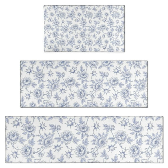Pioneer Flower Floral Print Pattern Kitchen Rugs Sets Of 3,Kitchen Runner Rugs Non Skid Washable,Decorative Kitchen Floor Mats for Kitchen,Sink,Laundry,17X30 Inch + 17X47 Inch + 17X59 Inch