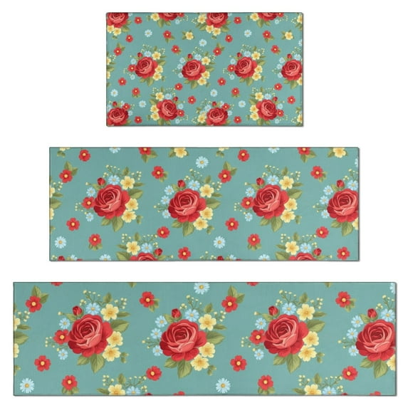Pioneer Flower Floral Print Pattern Kitchen Rugs Sets Of 3,Kitchen Runner Rugs Non Skid Washable,Decorative Kitchen Floor Mats for Kitchen,Sink,Laundry,17X30 Inch + 17X47 Inch + 17X59 Inch