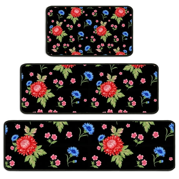 Pioneer Flower Floral Print Pattern Kitchen Rugs Sets Of 3,Kitchen Runner Rugs Non Skid Washable,Decorative Kitchen Floor Mats for Kitchen,Sink,Laundry,17X30 Inch + 17X47 Inch + 17X59 Inch