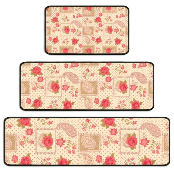 Pioneer Flower Floral Print Pattern Kitchen Rugs Sets Of 3,Kitchen Runner Rugs Non Skid Washable,Decorative Kitchen Floor Mats for Kitchen,Sink,Laundry,17X30 Inch + 17X47 Inch + 17X59 Inch