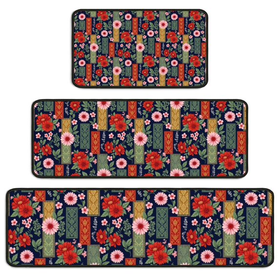 Pioneer Flower Floral Print Pattern Kitchen Rugs Sets Of 3,Kitchen Runner Rugs Non Skid Washable,Decorative Kitchen Floor Mats for Kitchen,Sink,Laundry,17X30 Inch + 17X47 Inch + 17X59 Inch