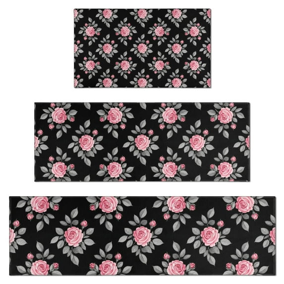 Pioneer Flower Floral Print Pattern Kitchen Rugs Sets Of 3,Kitchen Runner Rugs Non Skid Washable,Decorative Kitchen Floor Mats for Kitchen,Sink,Laundry,17X30 Inch + 17X47 Inch + 17X59 Inch