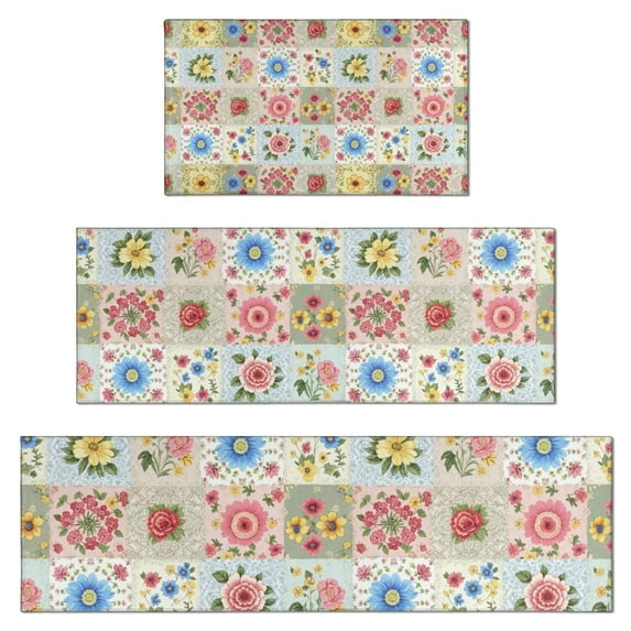 Pioneer Flower Floral Print Pattern Kitchen Rugs Sets Of 3,Kitchen Runner Rugs Non Skid Washable,Decorative Kitchen Floor Mats for Kitchen,Sink,Laundry,17X30 Inch + 17X47 Inch + 17X59 Inch