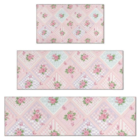 Pioneer Flower Floral Print Pattern Kitchen Rugs Sets Of 3,Kitchen Runner Rugs Non Skid Washable,Decorative Kitchen Floor Mats for Kitchen,Sink,Laundry,17X30 Inch + 17X47 Inch + 17X59 Inch