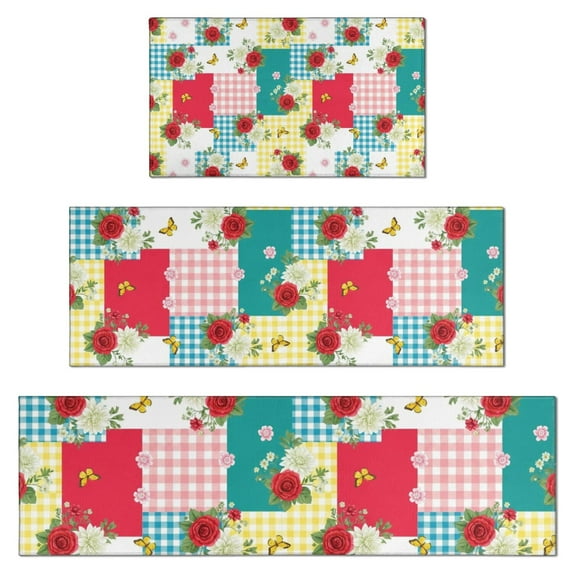 Pioneer Flower Floral Print Pattern Kitchen Rugs Sets Of 3,Kitchen Runner Rugs Non Skid Washable,Decorative Kitchen Floor Mats for Kitchen,Sink,Laundry,17X30 Inch + 17X47 Inch + 17X59 Inch