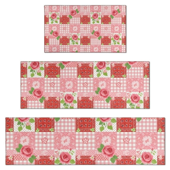 Pioneer Flower Floral Print Pattern Kitchen Rugs Sets Of 3,Kitchen Runner Rugs Non Skid Washable,Decorative Kitchen Floor Mats for Kitchen,Sink,Laundry,17X30 Inch + 17X47 Inch + 17X59 Inch