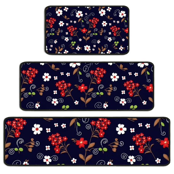 Pioneer Flower Floral Print Pattern Kitchen Rugs Sets Of 3,Kitchen Runner Rugs Non Skid Washable,Decorative Kitchen Floor Mats for Kitchen,Sink,Laundry,17X30 Inch + 17X47 Inch + 17X59 Inch