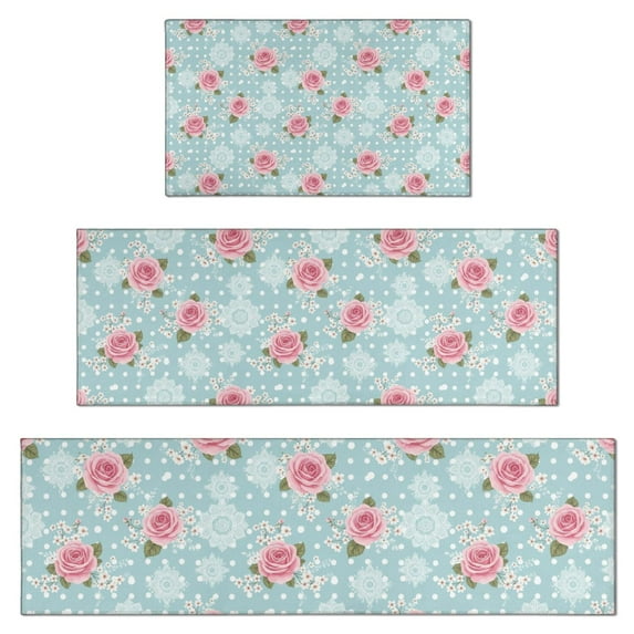 Pioneer Flower Floral Print Pattern Kitchen Rugs Sets Of 3,Kitchen Runner Rugs Non Skid Washable,Decorative Kitchen Floor Mats for Kitchen,Sink,Laundry,17X30 Inch + 17X47 Inch + 17X59 Inch