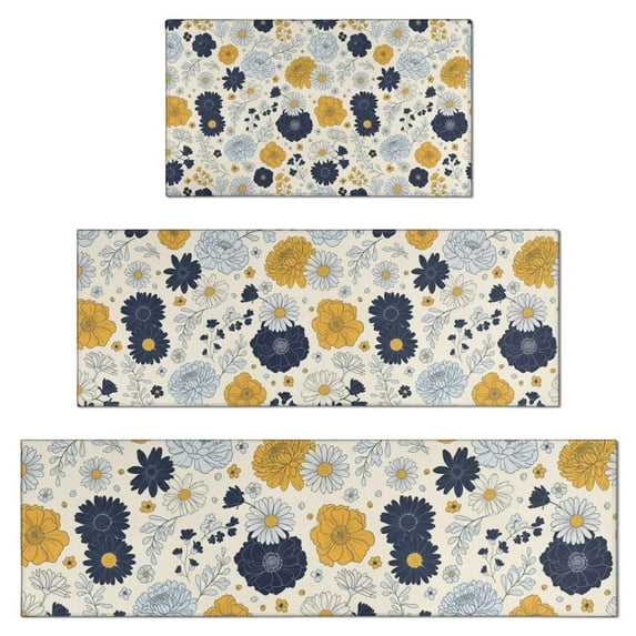 Pioneer Flower Floral Print Pattern Kitchen Rugs Sets Of 3,Kitchen Runner Rugs Non Skid Washable,Decorative Kitchen Floor Mats for Kitchen,Sink,Laundry,17X30 Inch + 17X47 Inch + 17X59 Inch