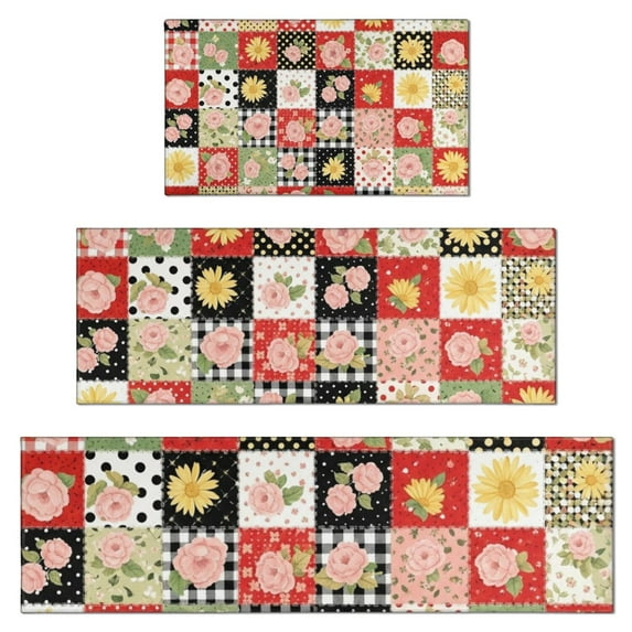 Pioneer Flower Floral Print Pattern Kitchen Rugs Sets Of 3,Kitchen Runner Rugs Non Skid Washable,Decorative Kitchen Floor Mats for Kitchen,Sink,Laundry,17X30 Inch + 17X47 Inch + 17X59 Inch