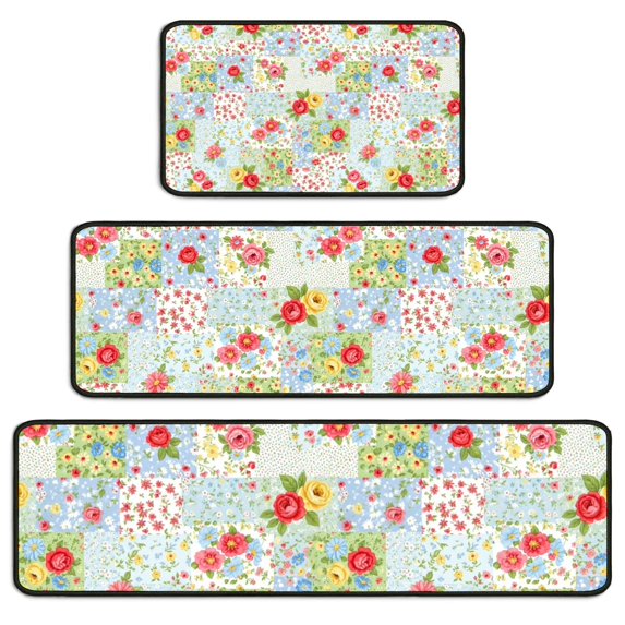 Pioneer Flower Floral Print Pattern Kitchen Rugs Sets Of 3,Kitchen Runner Rugs Non Skid Washable,Decorative Kitchen Floor Mats for Kitchen,Sink,Laundry,17X30 Inch + 17X47 Inch + 17X59 Inch