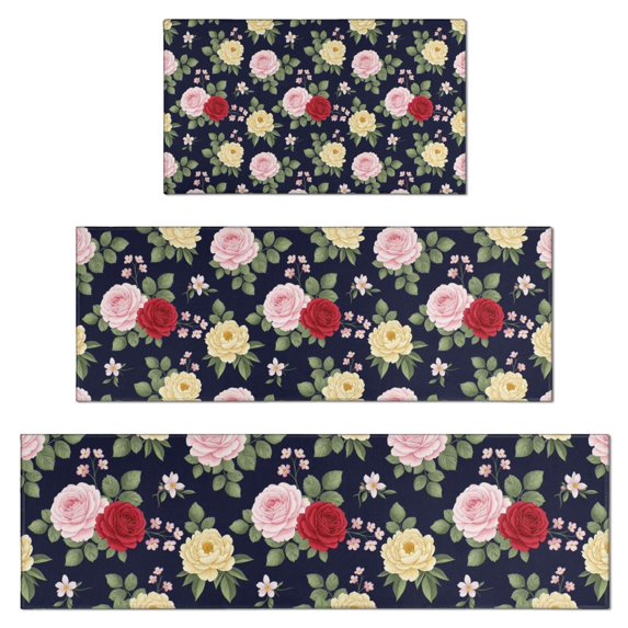 Pioneer Flower Floral Print Pattern Kitchen Rugs Sets Of 3,Kitchen Runner Rugs Non Skid Washable,Decorative Kitchen Floor Mats for Kitchen,Sink,Laundry,17X30 Inch + 17X47 Inch + 17X59 Inch