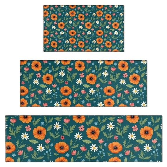 Pioneer Flower Floral Print Pattern Kitchen Rugs Sets Of 3,Kitchen Runner Rugs Non Skid Washable,Decorative Kitchen Floor Mats for Kitchen,Sink,Laundry,17X30 Inch + 17X47 Inch + 17X59 Inch