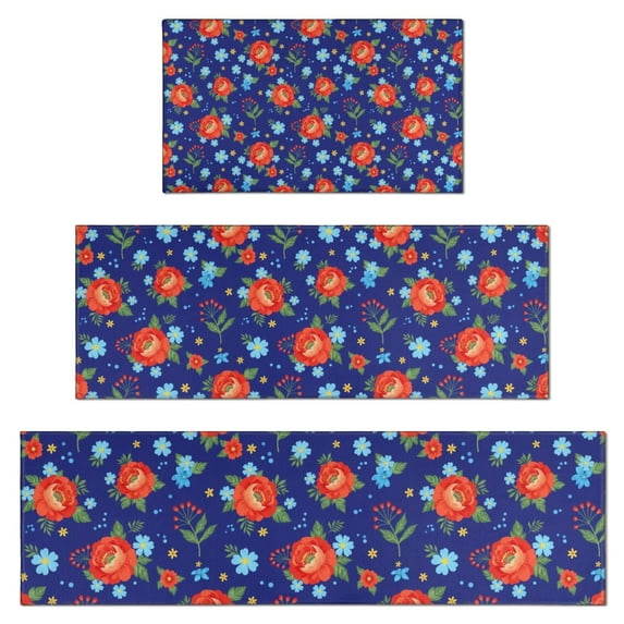 Pioneer Flower Floral Print Pattern Kitchen Rugs Sets Of 3,Kitchen Runner Rugs Non Skid Washable,Decorative Kitchen Floor Mats for Kitchen,Sink,Laundry,17X30 Inch + 17X47 Inch + 17X59 Inch