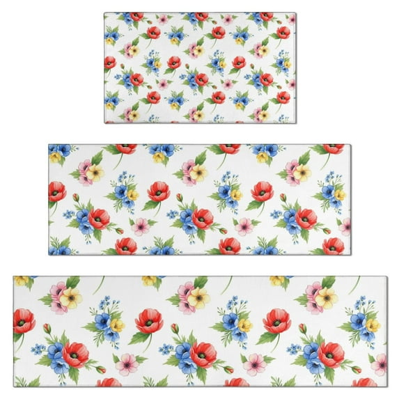 Pioneer Flower Floral Print Pattern Kitchen Rugs Sets Of 3,Kitchen Runner Rugs Non Skid Washable,Decorative Kitchen Floor Mats for Kitchen,Sink,Laundry,17X30 Inch + 17X47 Inch + 17X59 Inch