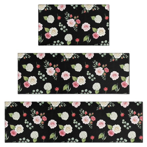 Pioneer Flower Floral Print Pattern Kitchen Rugs Sets Of 3,Kitchen Runner Rugs Non Skid Washable,Decorative Kitchen Floor Mats for Kitchen,Sink,Laundry,17X30 Inch + 17X47 Inch + 17X59 Inch